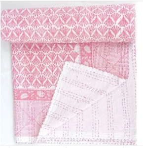 Queen Pink Block Print Kantha Quilt Art Handmade Cotton Blanket Hippie Bedspread