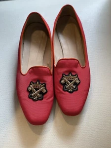 J.Crew Red Smoking Slipper Loafer Embroidered Crest Preppy Academia Size 6 - Picture 1 of 5