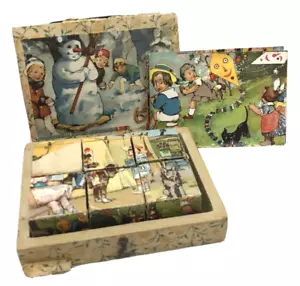 Antique Vtg Wood Block Cube Puzzle Kids Dogs Circus Animals 6 in 1 Germany Box - Picture 1 of 13