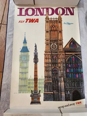 Póster de viaje original LONDON FLY TWA JETS David Klein 25" x 40" color vibrante Foto 1 de 4