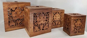 Nesting Box Wood Carve Antique Marshall Feild Storage Maple Leaf Fretwork Cutout - Picture 1 of 12