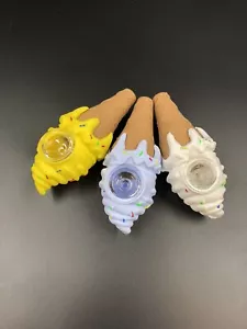 4.5 INCH SILICONE ICE CREAM CONE HAND PIPE ASSORTED COLORS WITH GLASS BOWL - Picture 1 of 10