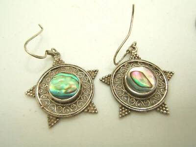 Vintage Abalone Sterling Silver Filigree & Granulation Drop Pierced Earrings  - Image 1 of 4