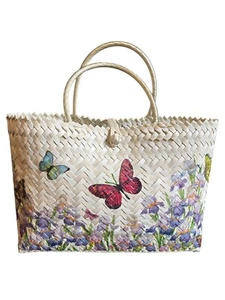 Decoupage Handwoven Straw Tote Bag With Butterfly & Floral Design(Price is firm) - Picture 1 of 6