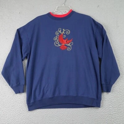 Sudadera Vintage Navidad Mujer’s L Azul Marino Rojo Cardenal Bordada Años 90 Foto 1 de 4