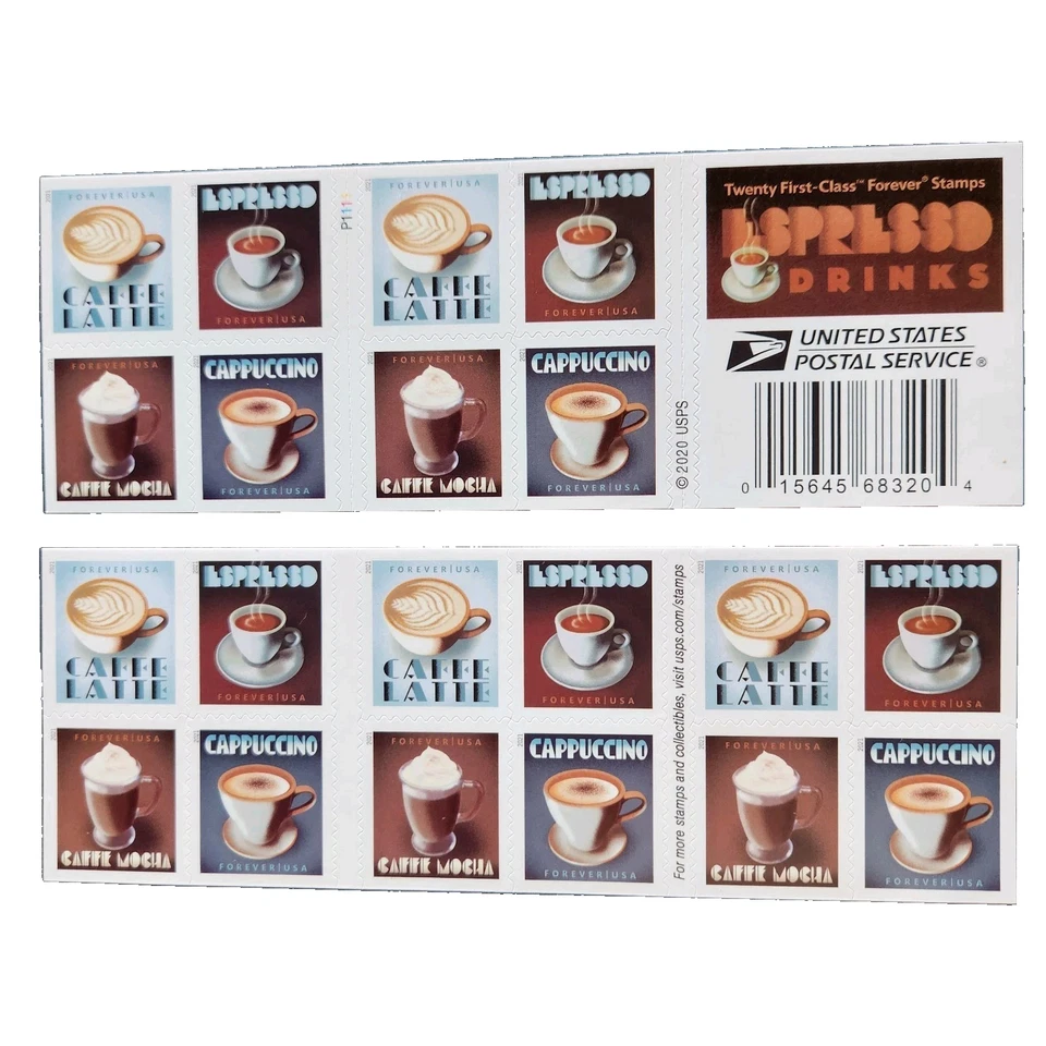 USPS FOREVER 'ЭСПРЕССО НАПИТКИ' 2 ЛИСТОВ 20 = 40 МАРОК США ГАРАНТИЯ ВОЗВРАТА ДЕНЕГ - Изображение 1 из 4