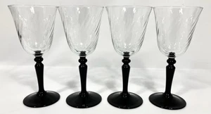 4 Luminarc SWIRL Optic Clear Glass Black Stem Wine Goblet 6 3/8" Set Vtg FRANCE - Picture 1 of 12