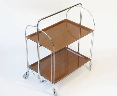Carro de Bar Alemán Marrón y Plata Años 70, Mesa Auxiliar Comedor Plegable Alemana Foto 1 de 4