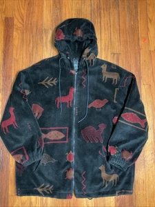 Vintage Forecaster Fleece Jacket Womens Large Black Burgundy Southwest Print - Picture 1 of 4