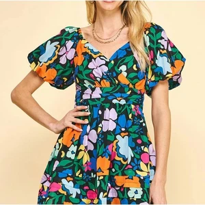 Pinch | M | Floral Print | Midikleid | Puffärmel | bunte Blumen schwarz - Bild 1 von 17