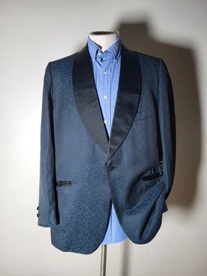 Abrigo Blazer Chaqueta Vintage Años 70 46L Azul Negro Azul Jacquard Mantón Solapa Foto 1 de 4