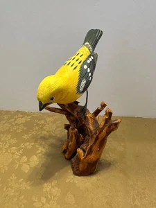 Vintage Holz geschnitzt gelber Grosschnabel Singvogel auf Treibholz initialisiert & datiert 2004 - Bild 1 von 8