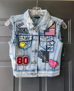 Girl's Chiqle Denim Architect Cotton Distressed Jacket Vest W Patches New Size S - Picture 1 of 21