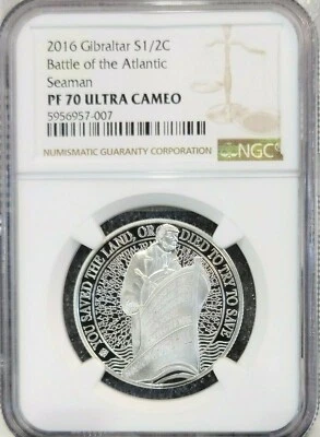 2016 GIBRALTAR SILVER 1/2 CROWN BATTLE OF THE ATLANTIC NGC PF 70 ULTRA CAMEO - Image 1 of 4