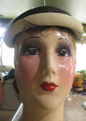 VINTAGE! MODERN MISS! BLACK HAT WITH CREAM TRIM TOSSAL ON TOP WITH BEADS! - Image 1 of 4