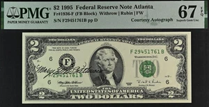 1995 $2 Federal Reserve Note PMG 67EPQ - Courtesy Autograph Mary Ellen Withrow - Picture 1 of 2