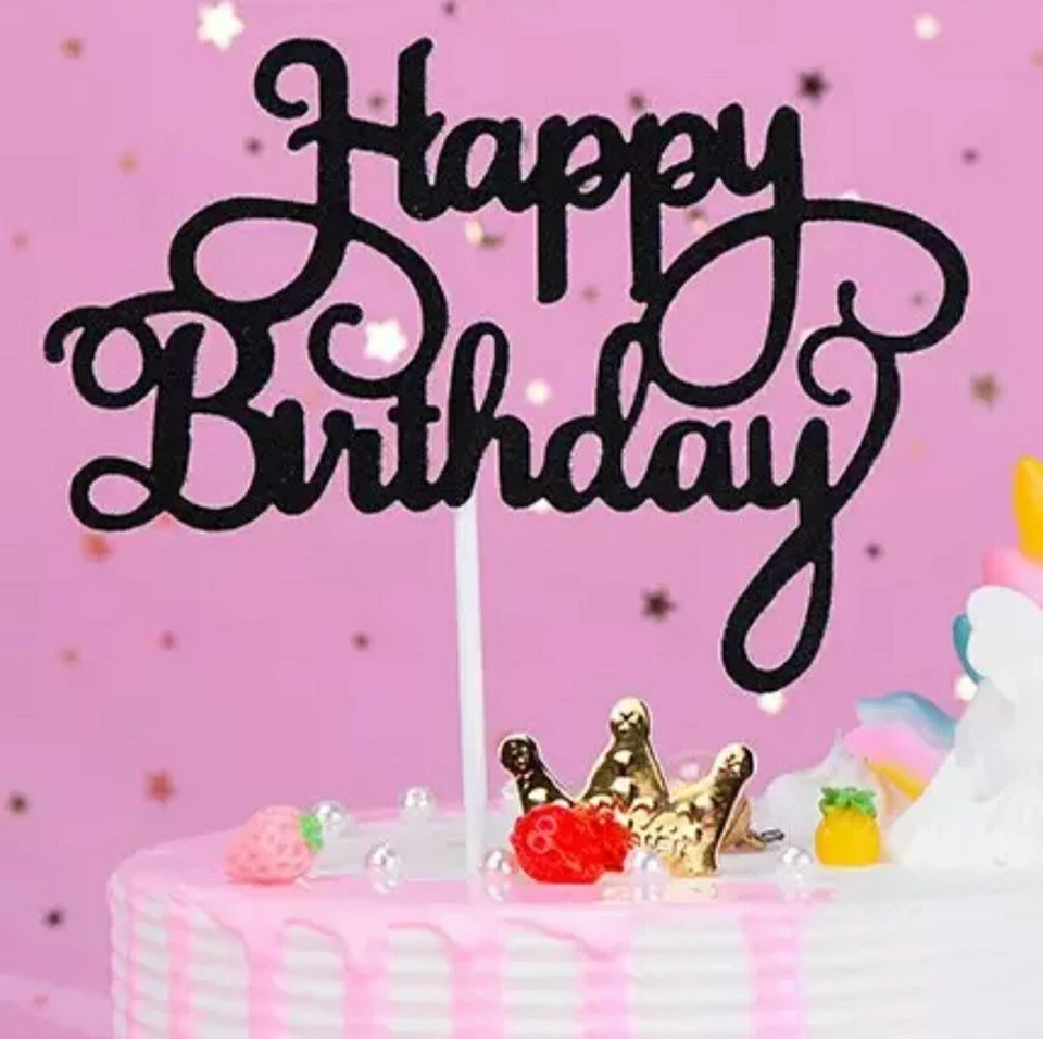Happy Birthday Cake Topper, Black Glitter Cardstock, Free Shipping from NYC - Image 1 of 1