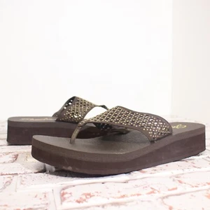 Skechers Yoga Foam Womens 9 Wedge Thong Jewel Platform Brown Flip Flop Sandals - Picture 1 of 7