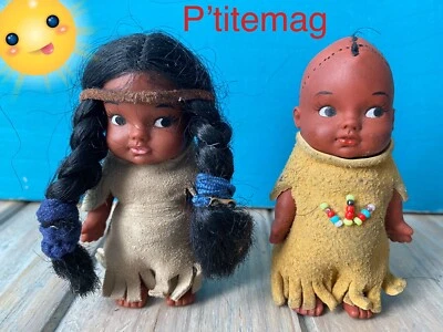 Lot 2 anciennes petites poupées indiennes en plastique/Caoutchouc 8,5 cm - Photo 1/4