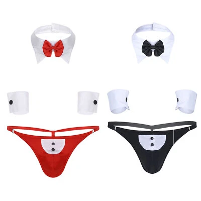 Sexy Men 3Pcs Waiter Lingerie Set Tuxedo Thong G-String Bowtie Gentleman Outfits - Photo 1/3