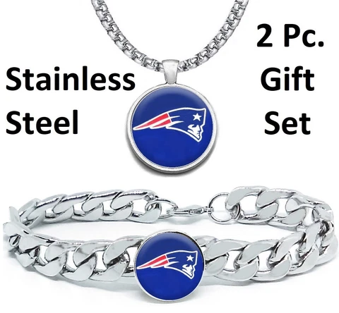 Large New England Patriots Mens Gift Set Stainless 24" Necklace Bracelet D4D30 Cover