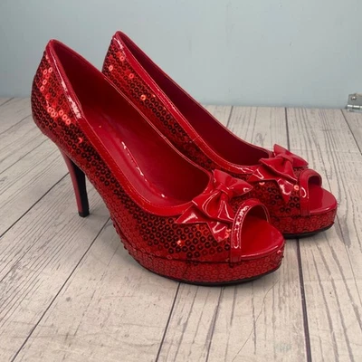 Red Ellie Dorothy ruby slippers Peep Toe Heels Shoes Womens 9 Christmas holiday - Image 1 of 4