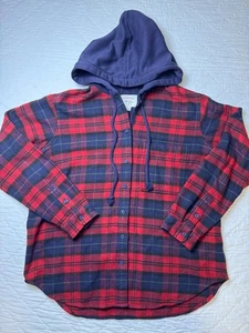 American Eagle Outfitters Mens Super Soft Hooded Flannel Shirt Red Blue Plaid S - Picture 1 of 8