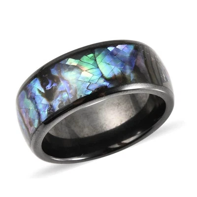 Anillo Unisex Abulón y Cerámica Negra en Acero Inoxidable Talla 6.75 Foto 1 de 4