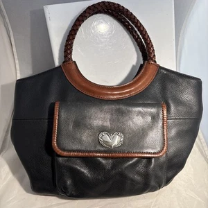Vtg. Fossil Medium Satchel Handbag Black Leather w/Brn Braided Straps & Trim - Picture 1 of 10