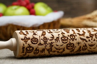 Halloween Engraved Embossed Rolling Pin Springerle Cookie mold Clay Baking Stamp - Image 1 of 4
