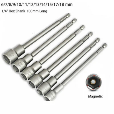 Magnetic Nut Driver Socket Or Set 100mm Long Impact Drill Bit Hex Shank 6mm-18mm - Image 1 of 4