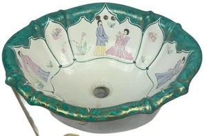 Vintage Sherle Wagner Green Chinoiserie drop-in sink HAND-PAINTED - Picture 1 of 10