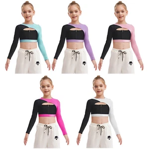 Kids Girls Tees Basic T-shirts Keyhole Front Sweatshirts Jogging Crop Top Yoga - Picture 1 of 40
