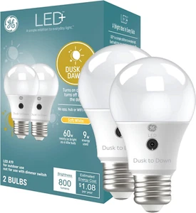 Dusk to Dawn LED A19 Light Bulbs - Soft White Outdoor Security (2 Pack) - Picture 1 of 11