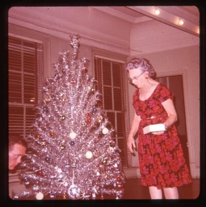 Woman Decorates Her Aluminum Christmas Tree Vintage 1971 Slide Photo - Picture 1 of 1
