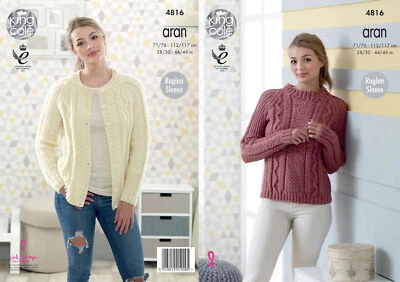 Womens Raglan Sleeve Cardigan & Sweater Knitting Pattern King Cole Aran 4816