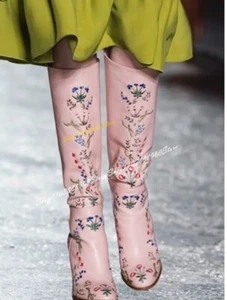 Runway Knee High Pink Slim Embroider Boots - Picture 1 of 3