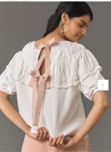 Top Anthropologie Blanco Manga Corta XXS NUEVO CON ETIQUETAS Rosa Lazo Campesino Cottagecore Volantes - Imagen 1 de 9