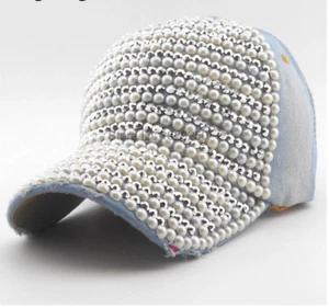 Beaded Light Blue Denim Baseball Cap Full Pearl & Rhinestone Bling Hip Hop Hat - Picture 1 of 7