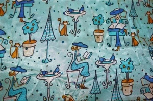 PARIS CAFE LADY & CATS NO STRETCH BLUE SPARKLE SILKY SATIN BLOUSE FABRIC 7 YD 28 - Picture 1 of 12