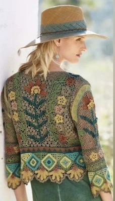 PERUVIAN CONNECTION HAND MADE RARE MASTERPIECE FLORAL 100% PIMA COTTON CARDIGAN - Image 1 of 4