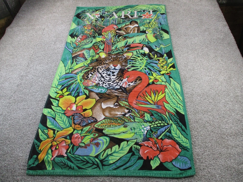 Toalla de Playa Xcaret Cancún Tropical Selva Animales Jaguar Loro Flamenco Tucán Foto 1 de 4