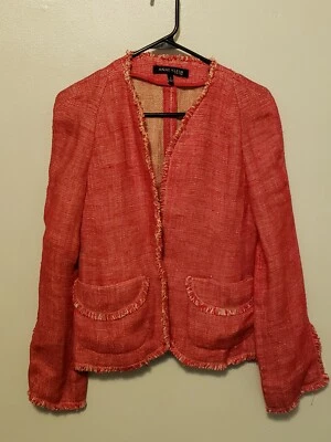 Chaqueta Anne Klein Talla 6 Borde Crudo Deshilachada 100% Lino Ligera Otoño Primavera Foto 1 de 4