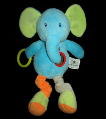 Doudou hochet grelot Elephant éléphant bleu vert orange Tout petits Super U 28cm - Photo 1/2
