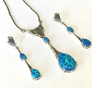 Sterling Silver Blue Opal Marcasite Art Deco Tear Pear Necklace and Earrings Set - Picture 1 of 6