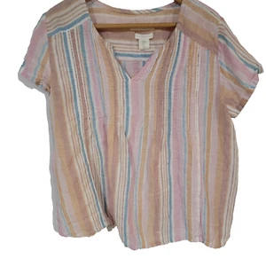 C&C California Top Womens Large 100% Linen Striped V-Neck Beach Boho - Picture 1 of 9
