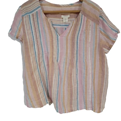 C&C California Top Womens Large 100% Linen Striped V-Neck Beach Boho - Image 1 of 4