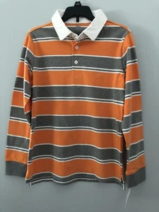 NEW Boys Sz L 10/12 Long Sleeve Striped Rugby Collared Polo shirt orange & gray - Picture 1 of 9