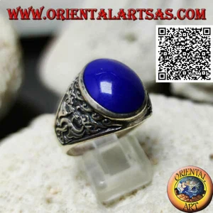 Anello in Argento 925‰ lapislazzulo ovale e doppio drago giapponese sui lati - Foto 1 di 2