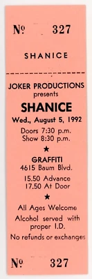 Shanice Concert Ticket Graffiti Showcase Pittsburgh, PA 1992 - Image 1 of 2